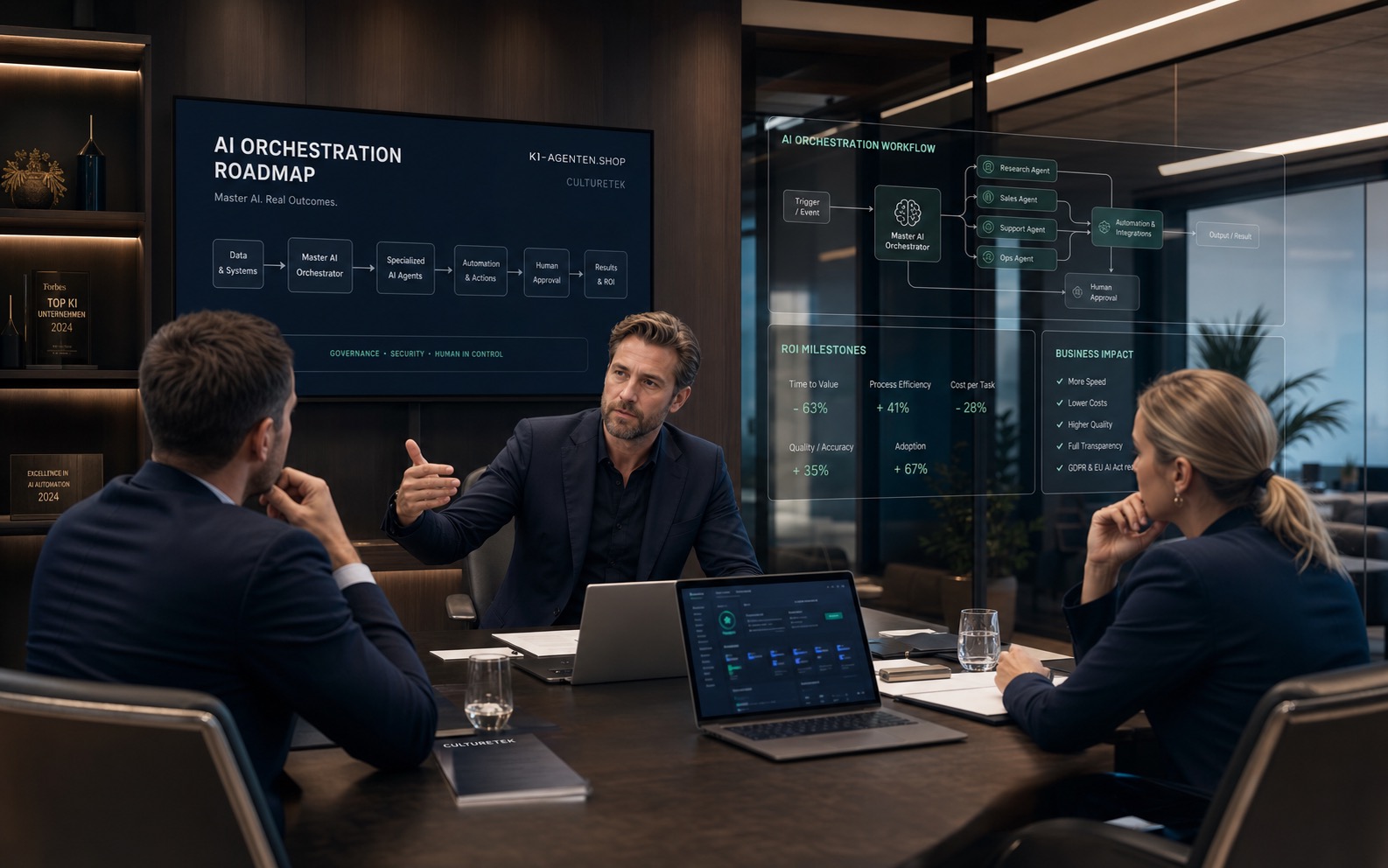 Management-Team mit visualisierter KI-Orchestrierung